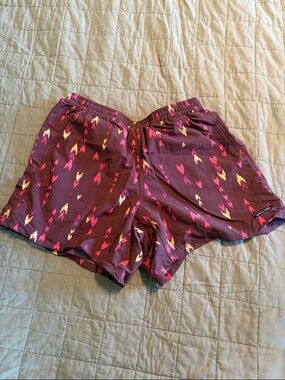 Patagonia Women's Burgundy Athletic Shorts with Pink and Yellow Pattern
